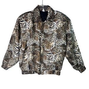 COACO Silk Leopard Print Bomber Jacket Mob Wife Y2K Small Brown Maximalist